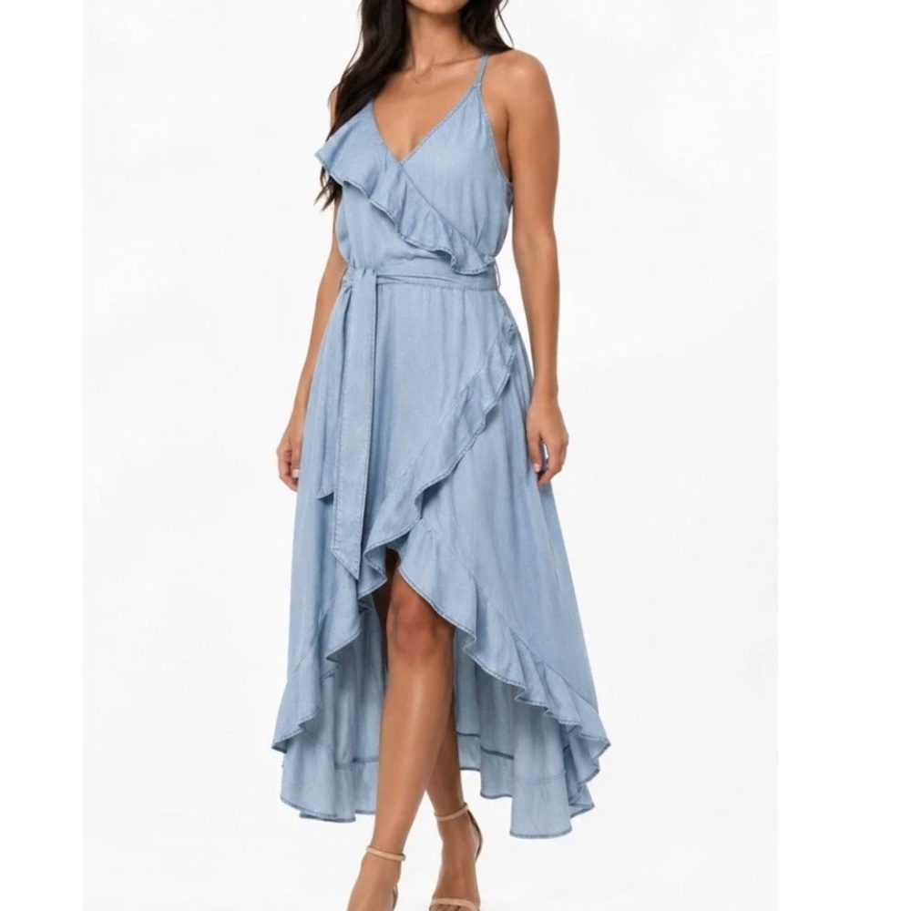 Light Blue Ruffle Wrap Midi Dress